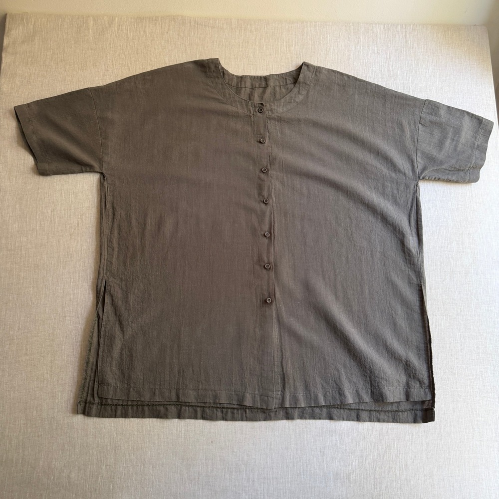 Modernmiss Boxy Linen Blend Top Button Front Oversized Gray Green